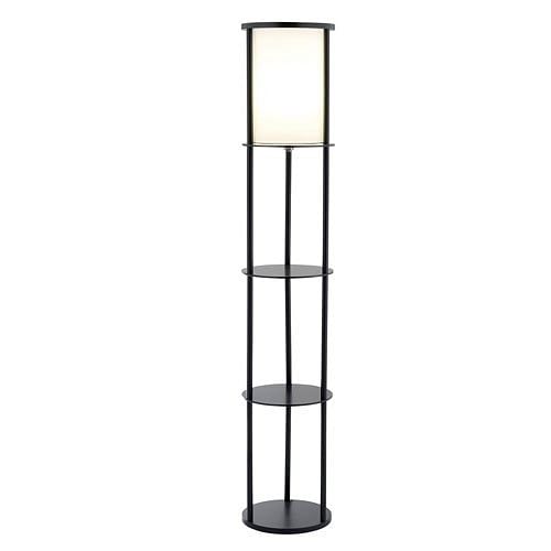 Modern Asian Style Round Shelf Floor Lamp in Black with White Shade - Free Shipping