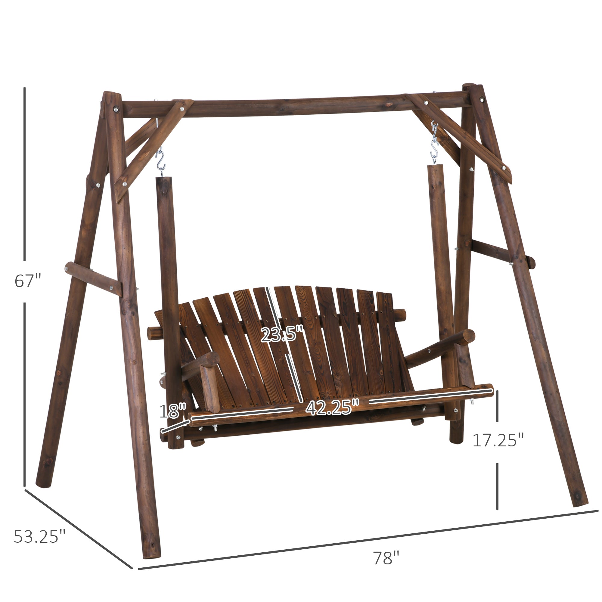 Outsunny Freestanding 6.5' Wooden Loveseat Traditional Farmhouse Style Log Swing Carbonized 