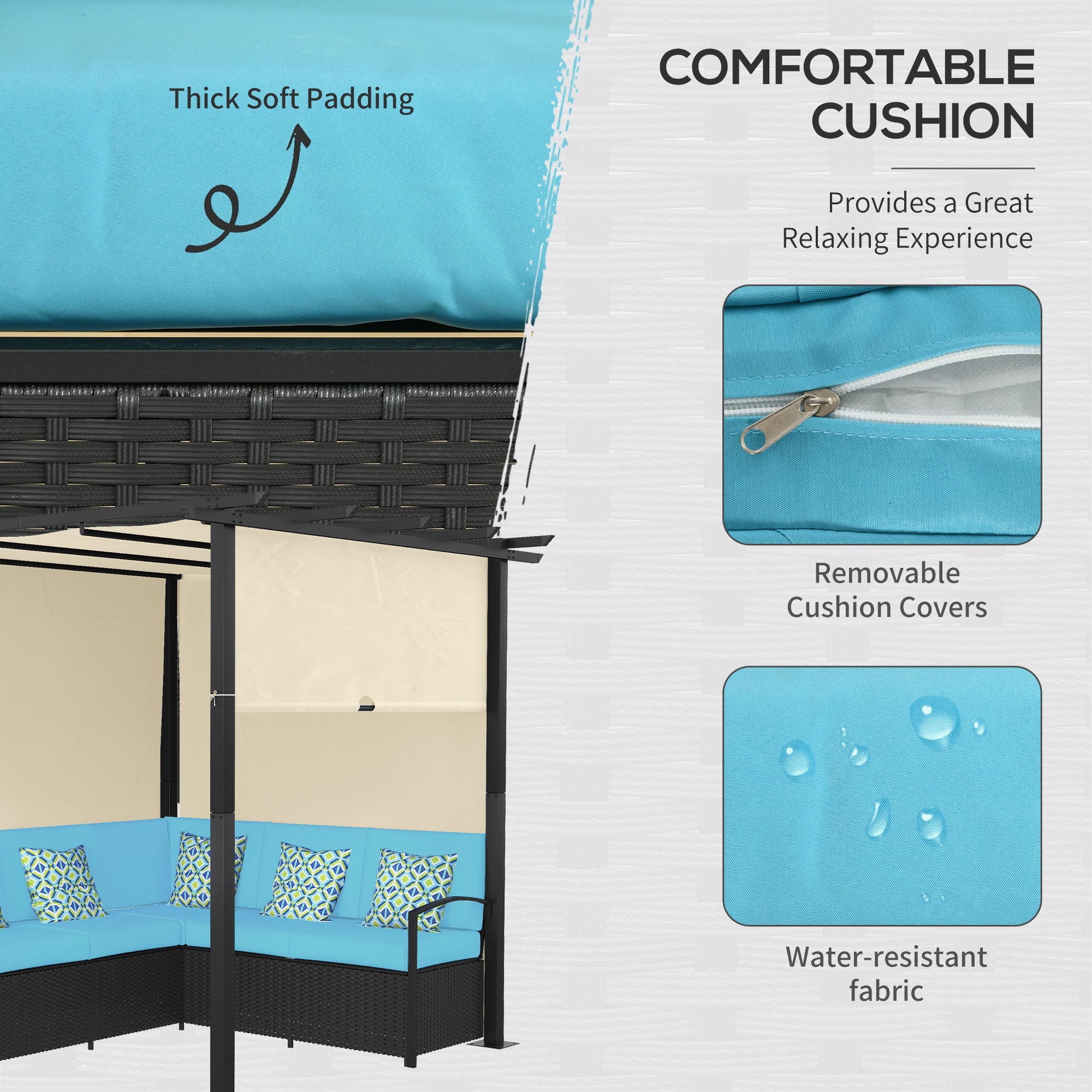 Outsunny Outdoor Wicker Sofa Set: With Retractable Canopy Pergola for Deck, Pool, Garden, Turquoise 