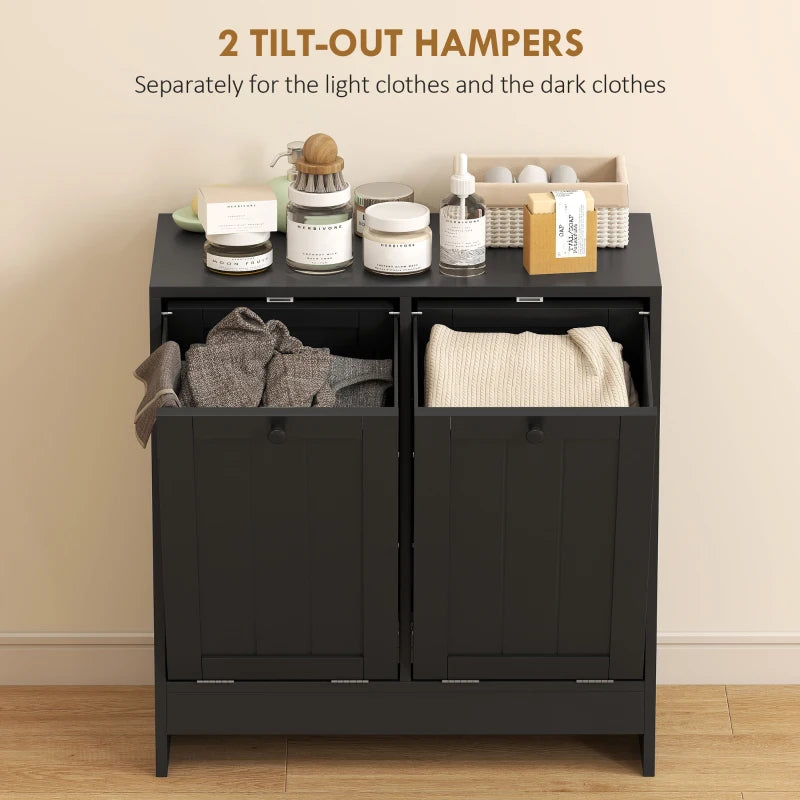 Tilt-Out Laundry Storage Cabinet, Modern Laundry Hamper with 2 Compartments for Bathroom Washroom, Black