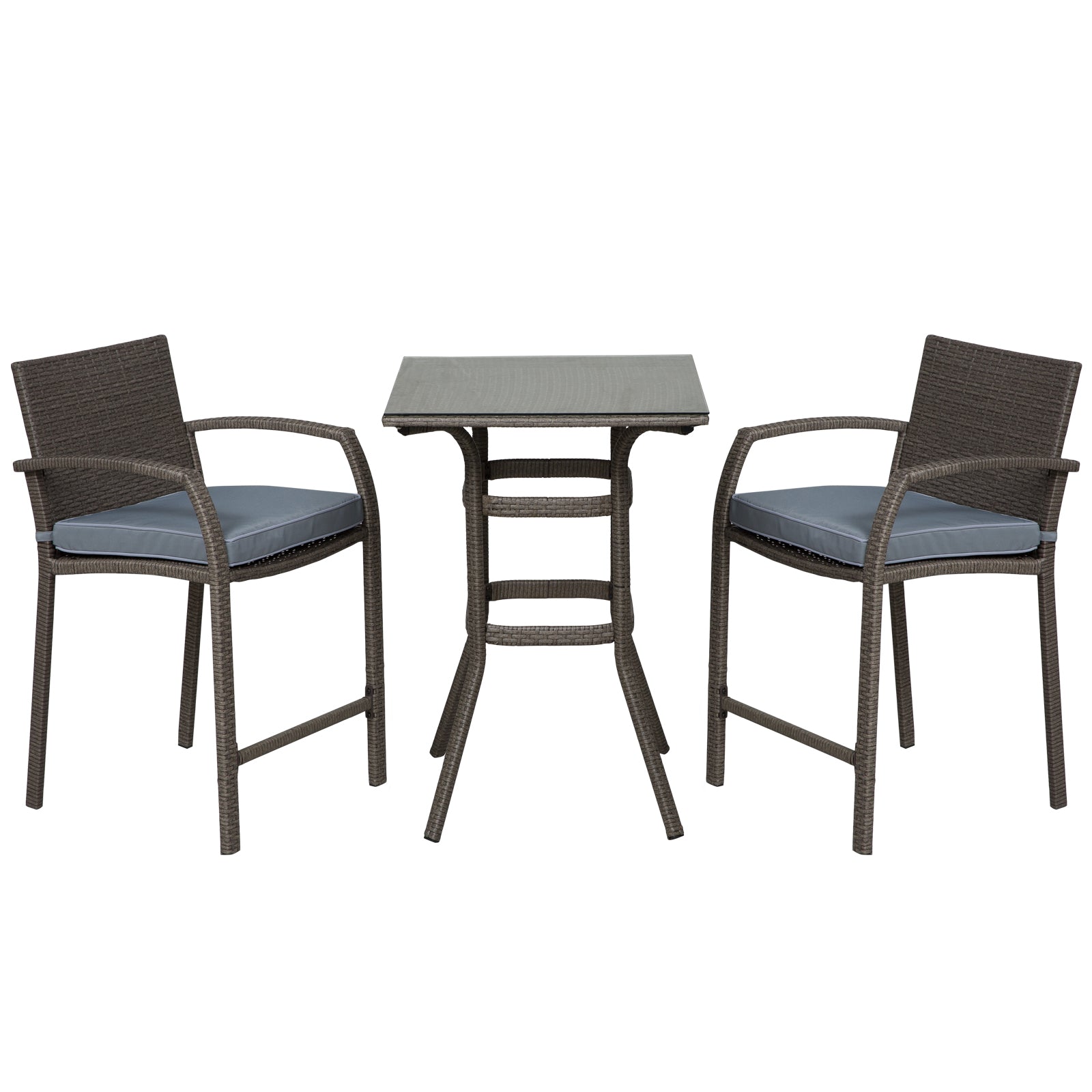 Outsunny 3 Pieces Patio Bar Set Wicker Garden Bistro Set Outdoor Furniture PE Rattan Table and Stools with Seat Cushion, Grey 