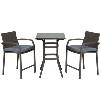 Outsunny 3 Pieces Patio Bar Set Wicker Garden Bistro Set Outdoor Furniture PE Rattan Table and Stools with Seat Cushion, Grey 