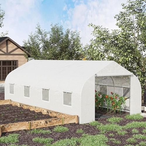 19.5 Ft x 9.8 Ft Outdoor Greenhouse w/ White PE Cover and Heavy Duty Steel Frame - Free Shipping 