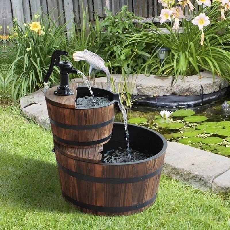 Outdoor 2-Tier Solid Wood Whisky Barrel Waterfall Fountain with Electric Pump - Free Shipping