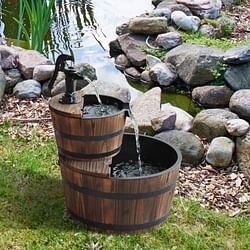 Outdoor 2-Tier Solid Wood Whisky Barrel Waterfall Fountain with Electric Pump - Free Shipping