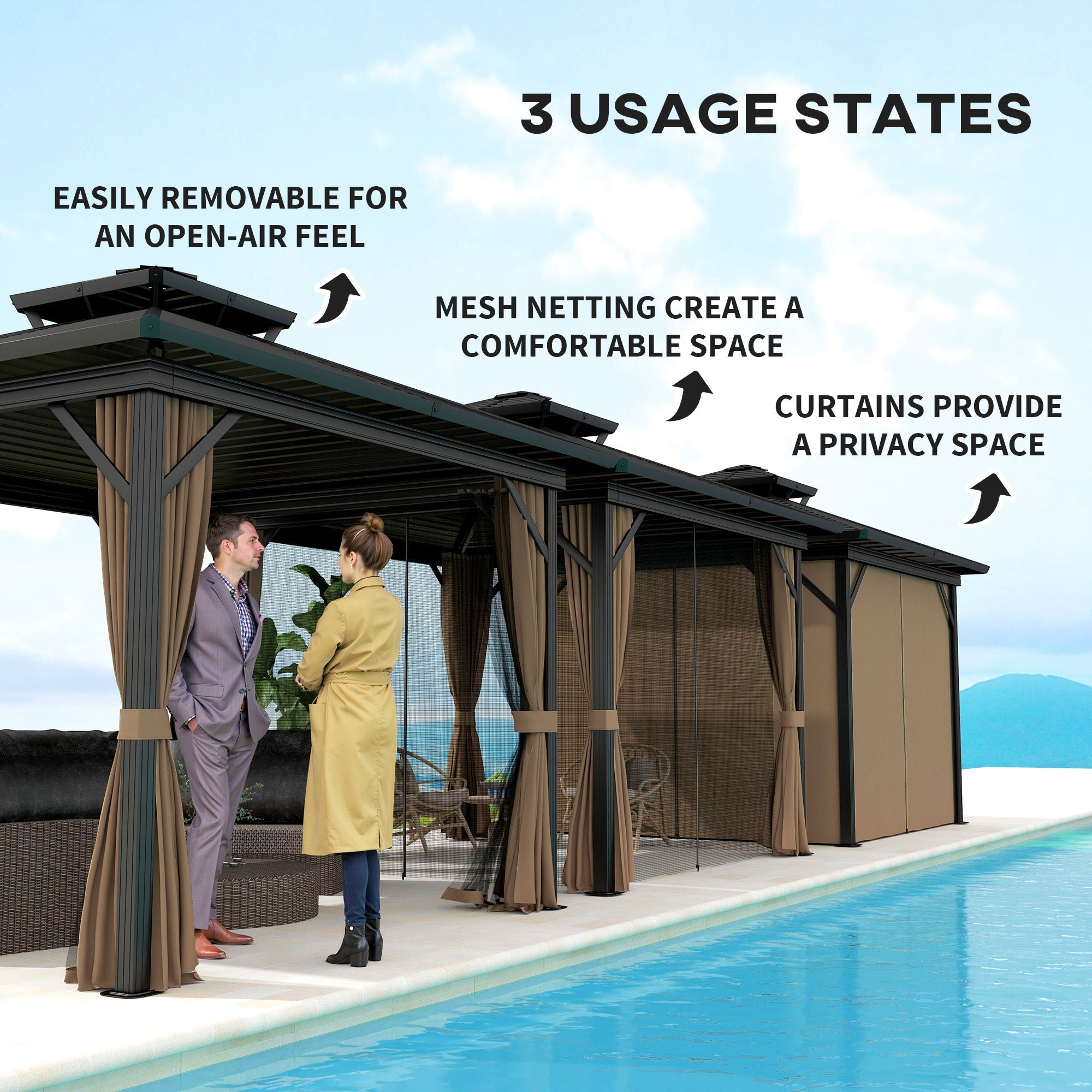 Outsunny 10' x 10' Hardtop Gazebo, Sun Shelter with Double Tier Metal Roof, Mosquito Netting, and Hanging Hook, Dark Brown 