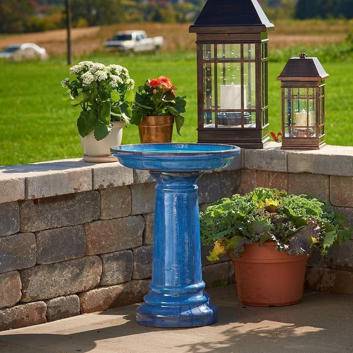 2 Gallon Blue Ceramic Traditional Outdoor Patio Garden Birdbath - Free Shipping 
