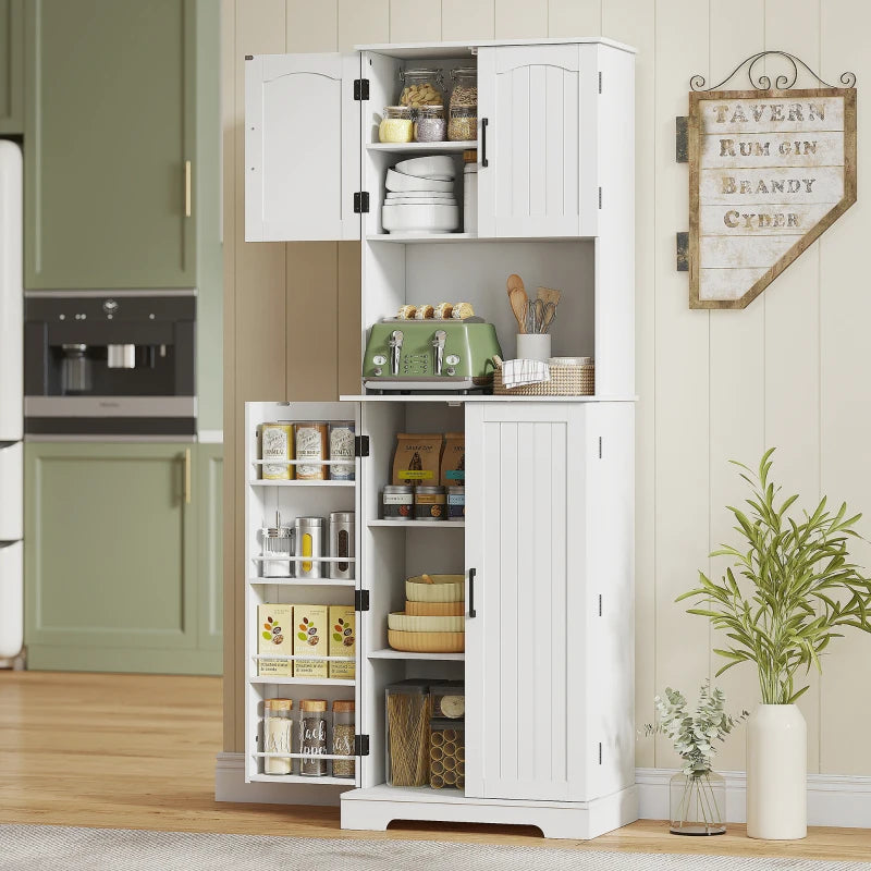71.5" Tall Pantry Cabinet, Farmhouse Kitchen Storage Cabinet with Adjustable Shelves, 8 Door Spice Racks, White