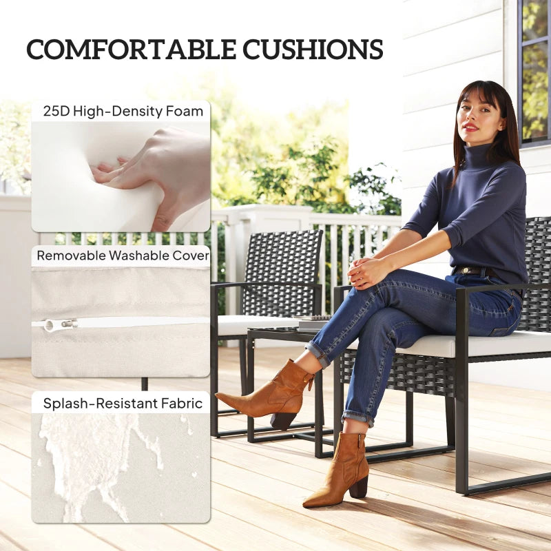 Outdoor Bistro Set, 3 Piece Wicker Patio Furniture Set with Glass Top Table and Cushions for Porch, Balcony, Cream White