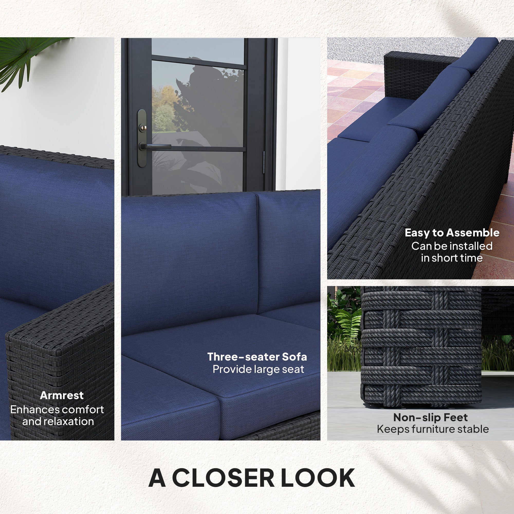Outsunny Deluxe 3 Seat Rattan Wicker Sofa Garden Outdoor Patio Furniture with Cushion, Navy Blue 