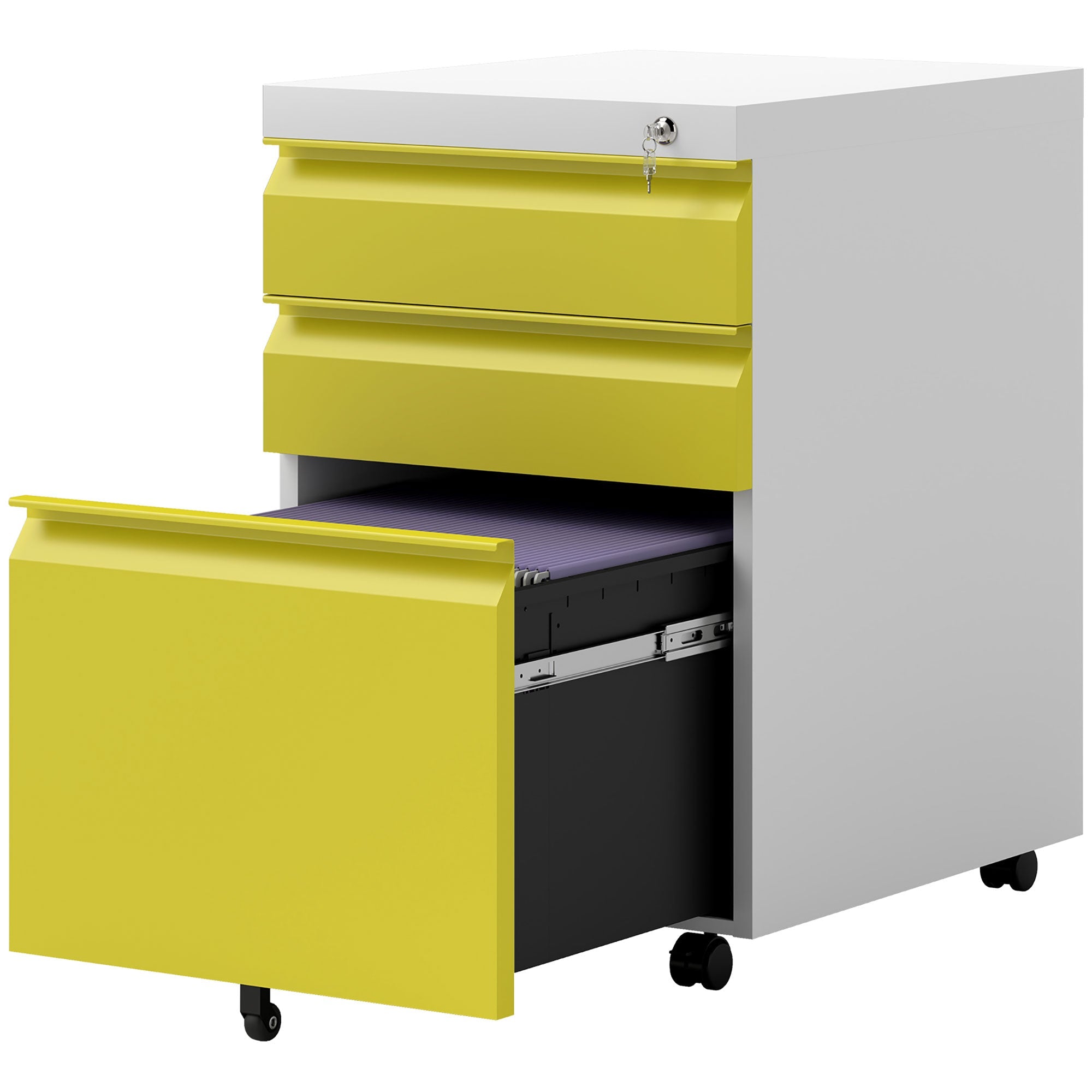 Vinsetto 3 Drawer Lockable Filing Cabinet on Wheels for Legal Letter A4 Files Yellow 