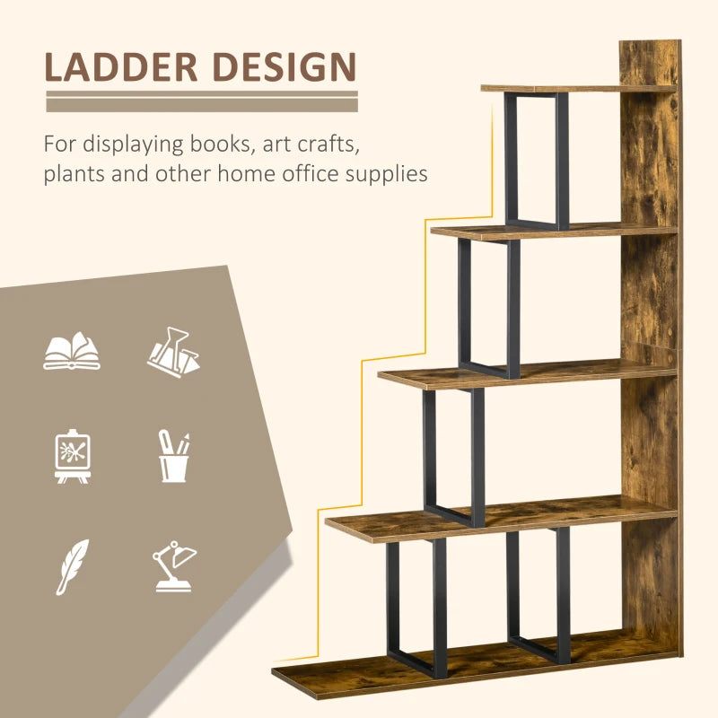 5-Tier Ladder Bookshelf, Wooden Ladder Bookshelf, Display Stand Organizer for Living Room Indoor Corner Shelf - Rustic Brown