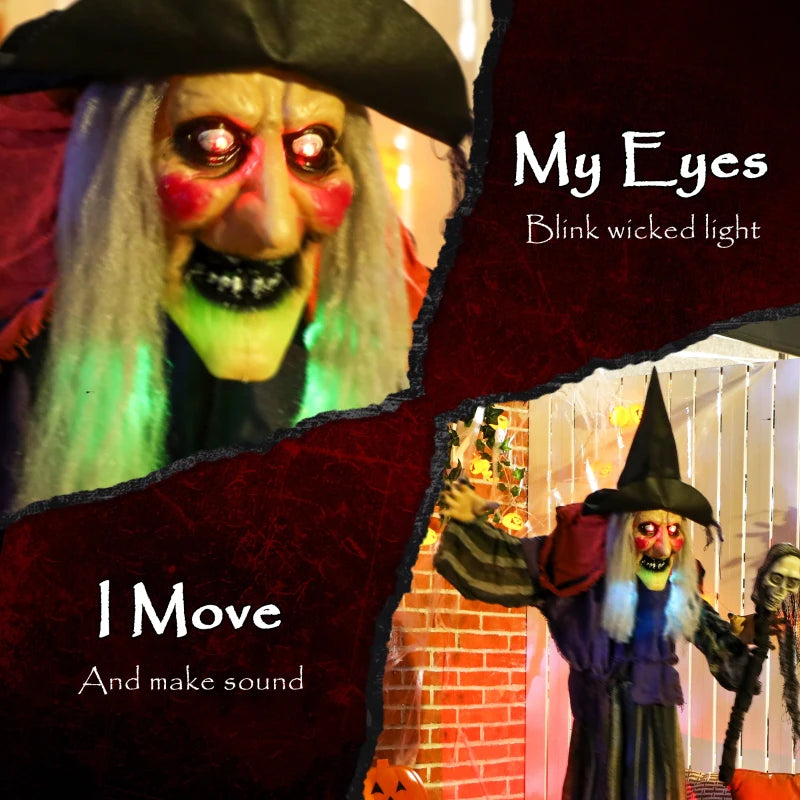 Outsunny Animatronic Standing Witch – Voice-Activated Halloween Prop with Skull Staff & Flashing Eyes 