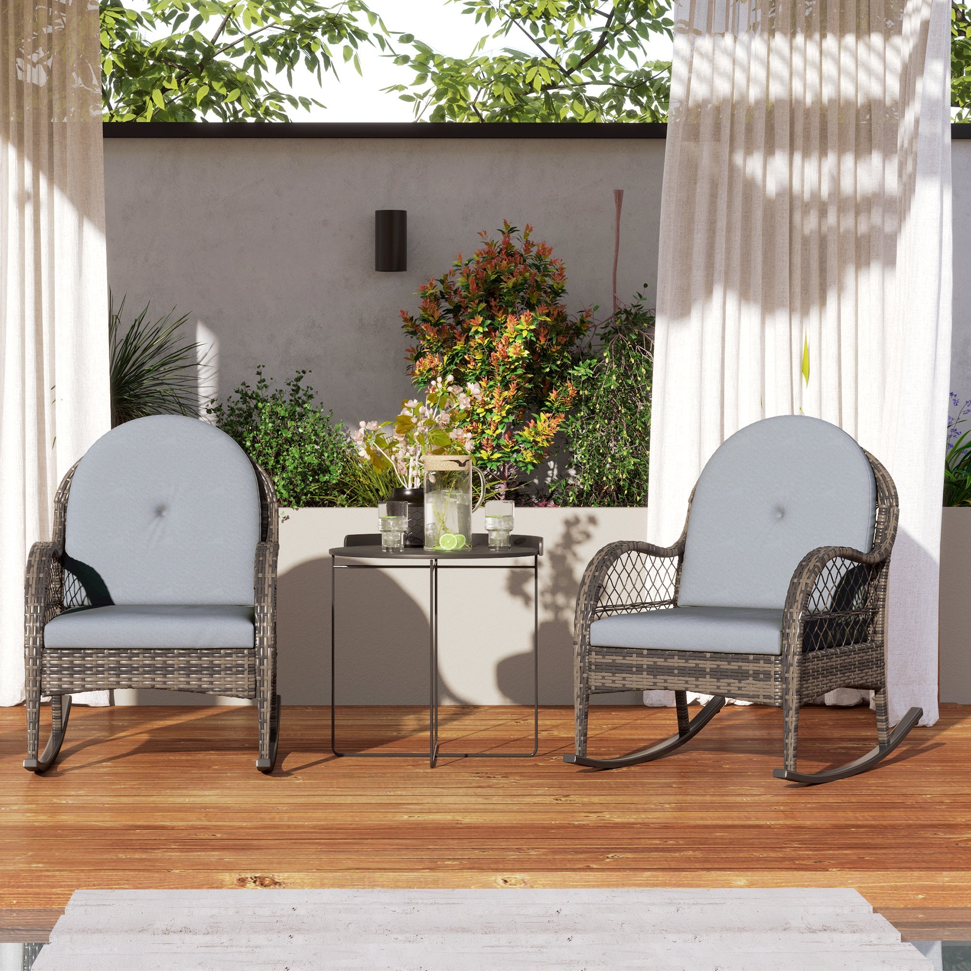 Outsunny 2 Pieces Wicker Rocking Patio Chairs, Indoor Outdoor Rocking Chair Set with Cushions and Armrests for Porch, Grey 
