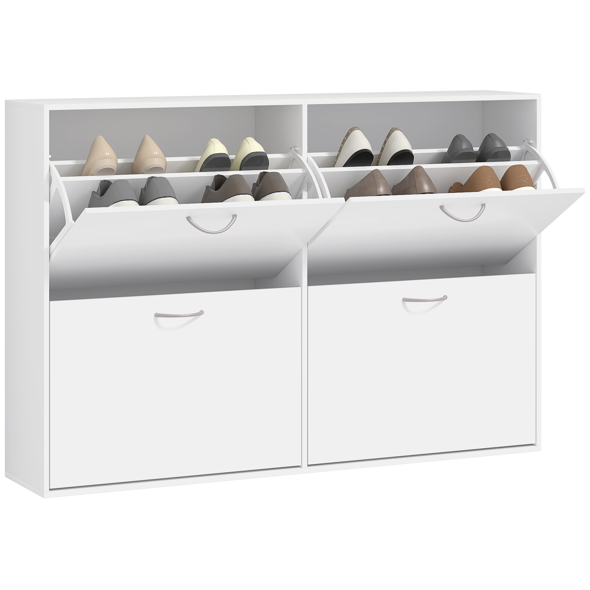 HOMCOM Entryway Shoe Organizer, Modern Wooden Shoe Rack Cabinet with 4 Flip Down Drawers, Ample Storage Space in White 