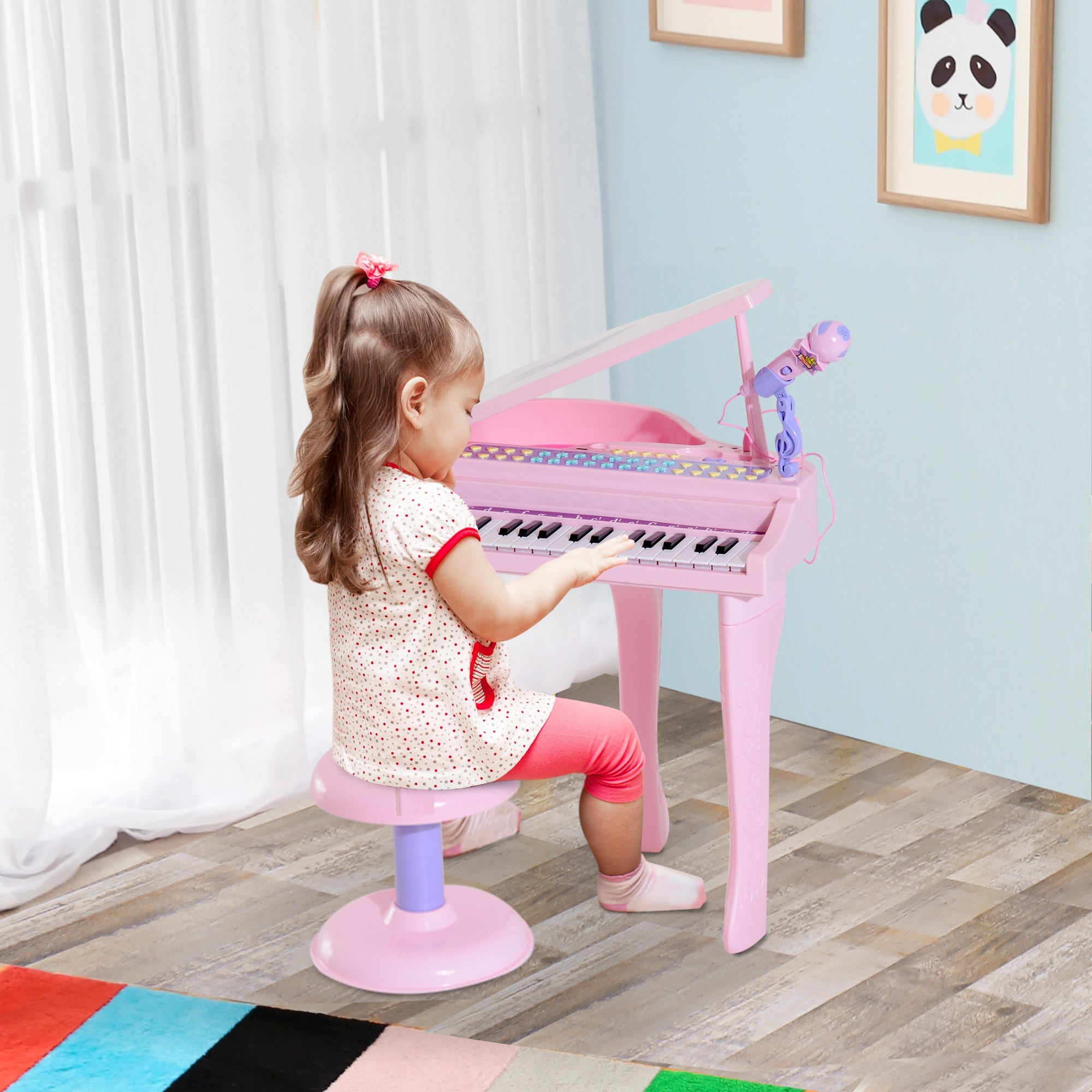 Qaba Mini Electronic Piano: 37-Key Keyboard, Multifunctional Musical Toy with Microphone, Stool for Kids - Pink 