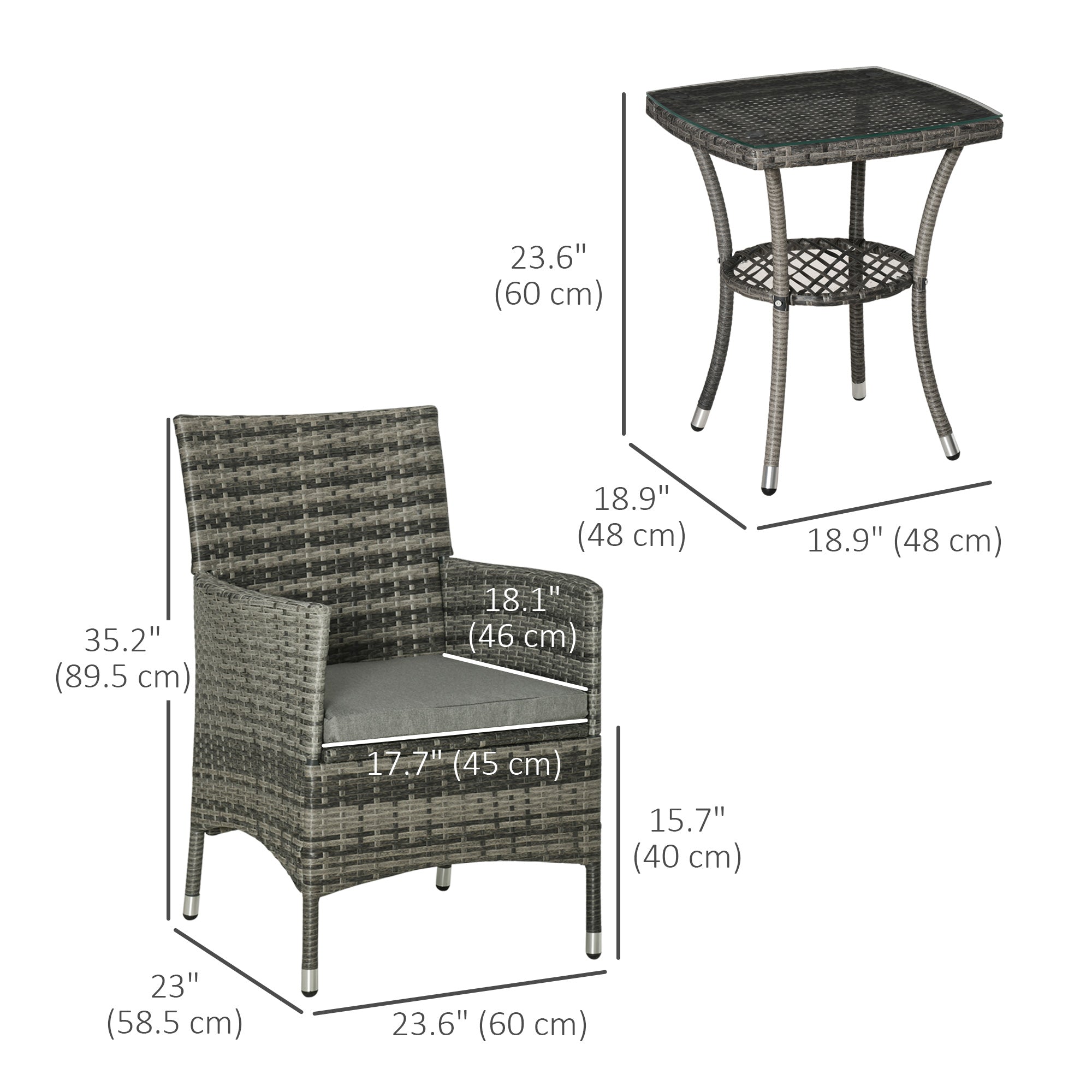 Outsunny Rattan Bistro Set 3PC Grey Armchair Glass Top Coffee Table Outdoor Patio Furniture Wicker Weave Garden Balcony 