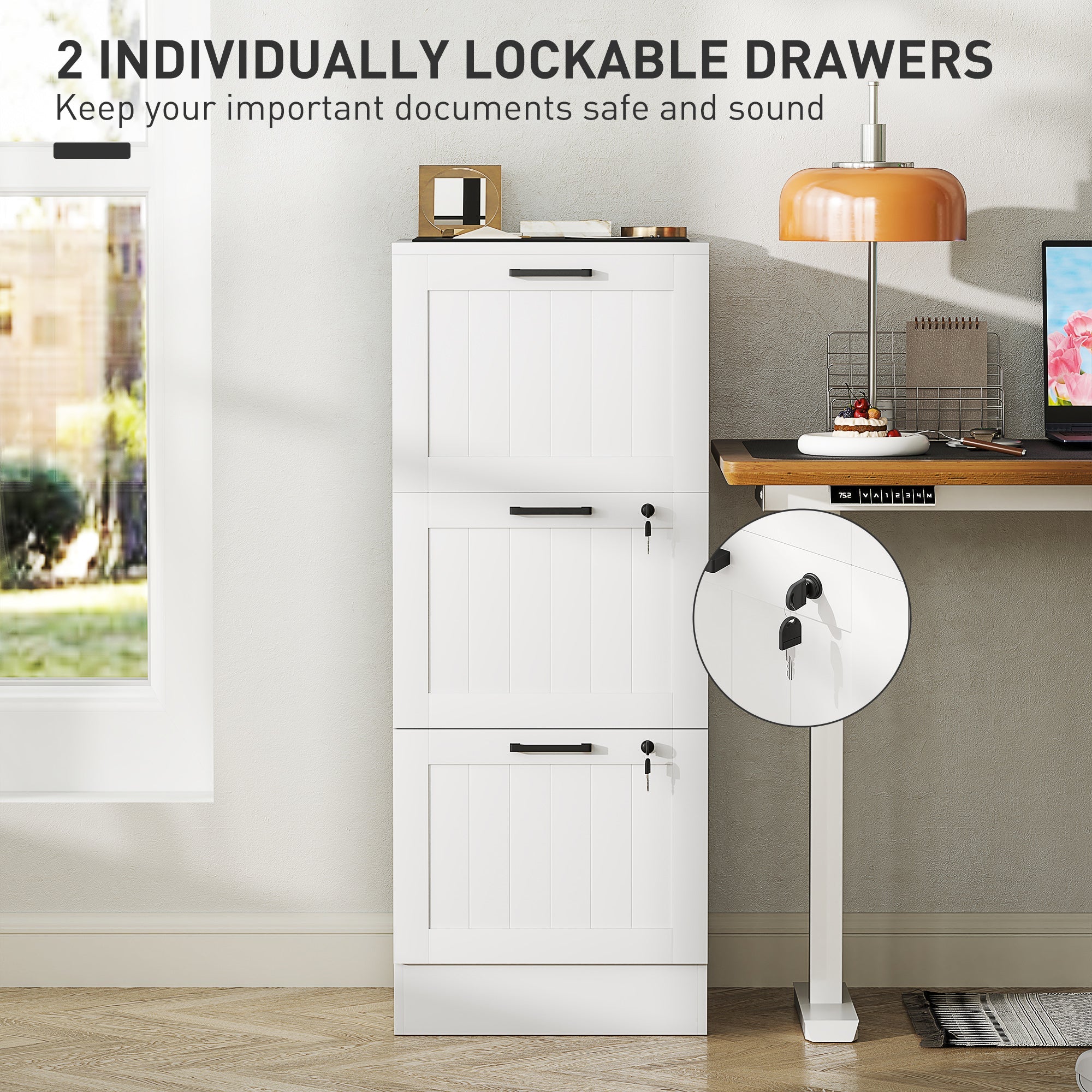 HOMCOM 3 Drawer Filing Cabinet with Lock, Office Storage Cabinet with Adjustable Hanging Bars for A4 Letter Size Files, White 