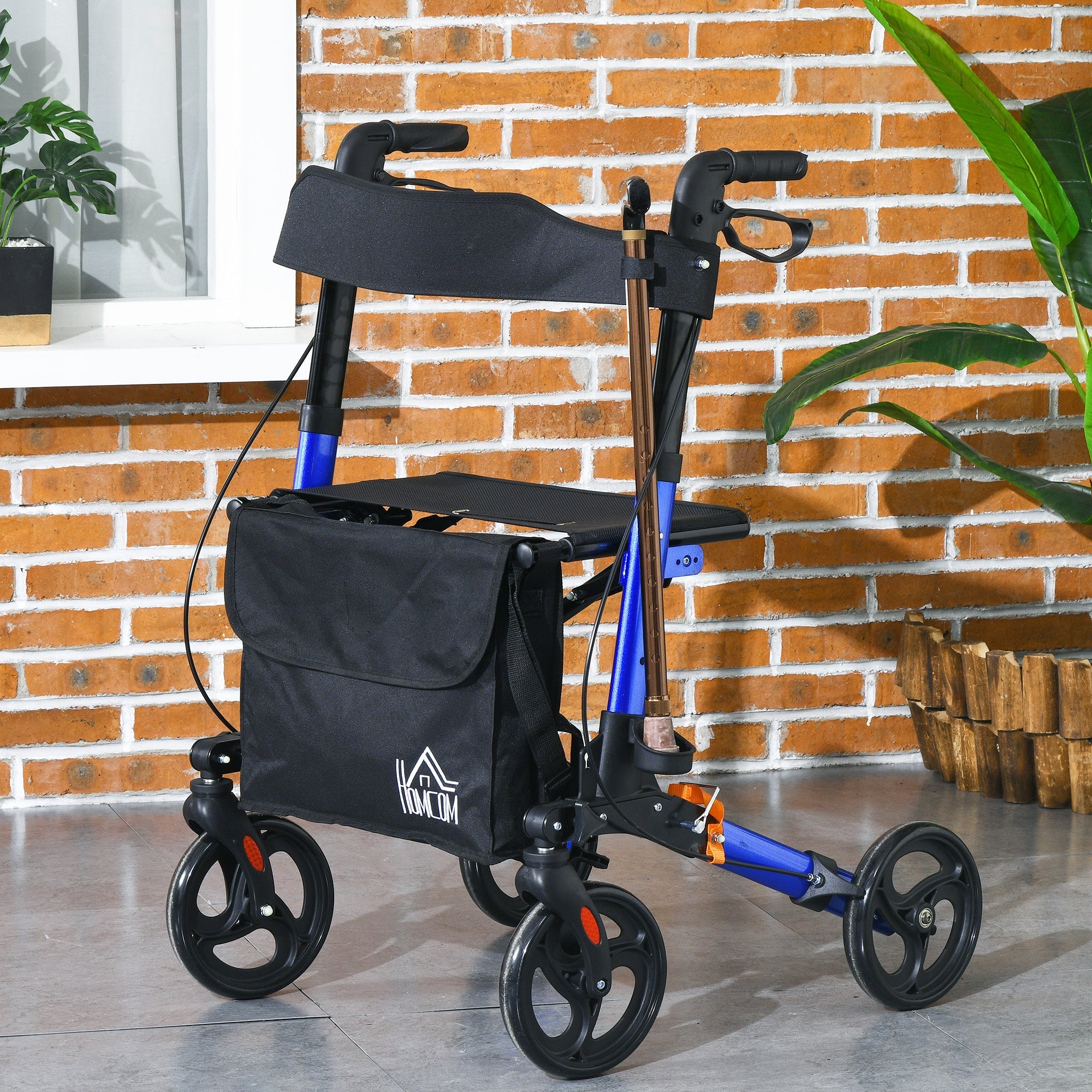 HOMCOM Rollator for Seniors with Seat, Back, Cane Holder, Aluminium Folding Rolling Walker with Adjustable Handle, Bag, Blue 