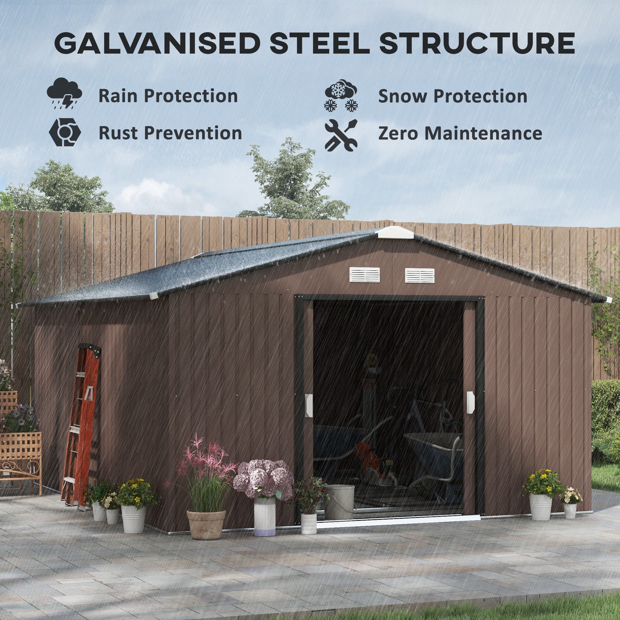 Outsunny 11' x 13' Garden Storage Shed w/ Foundation Kit Metal Tool Storage House w/ Double Doors, Brown 
