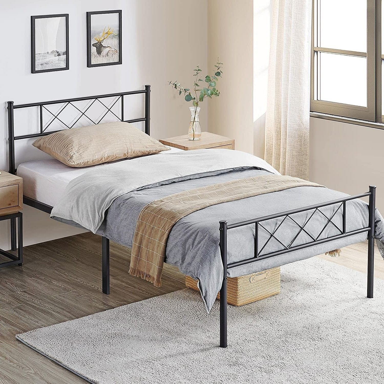 Twin Size Traditional Powder Coated Slatted Metal Platform Bed - Free Shipping