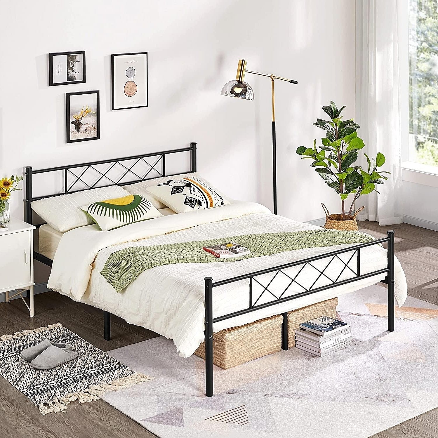 Full Size Traditional Powder Coated Slatted Metal Platform Bed - Free Shipping