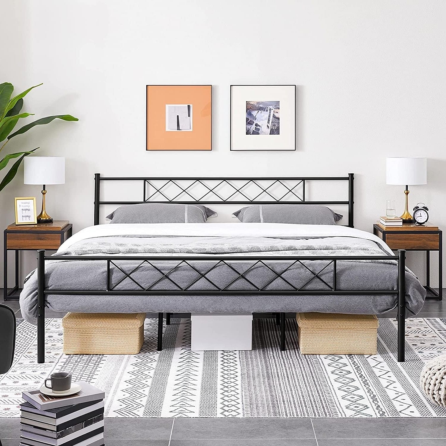 King Size Traditional Powder Coated Slatted Metal Platform Bed - Free Shipping