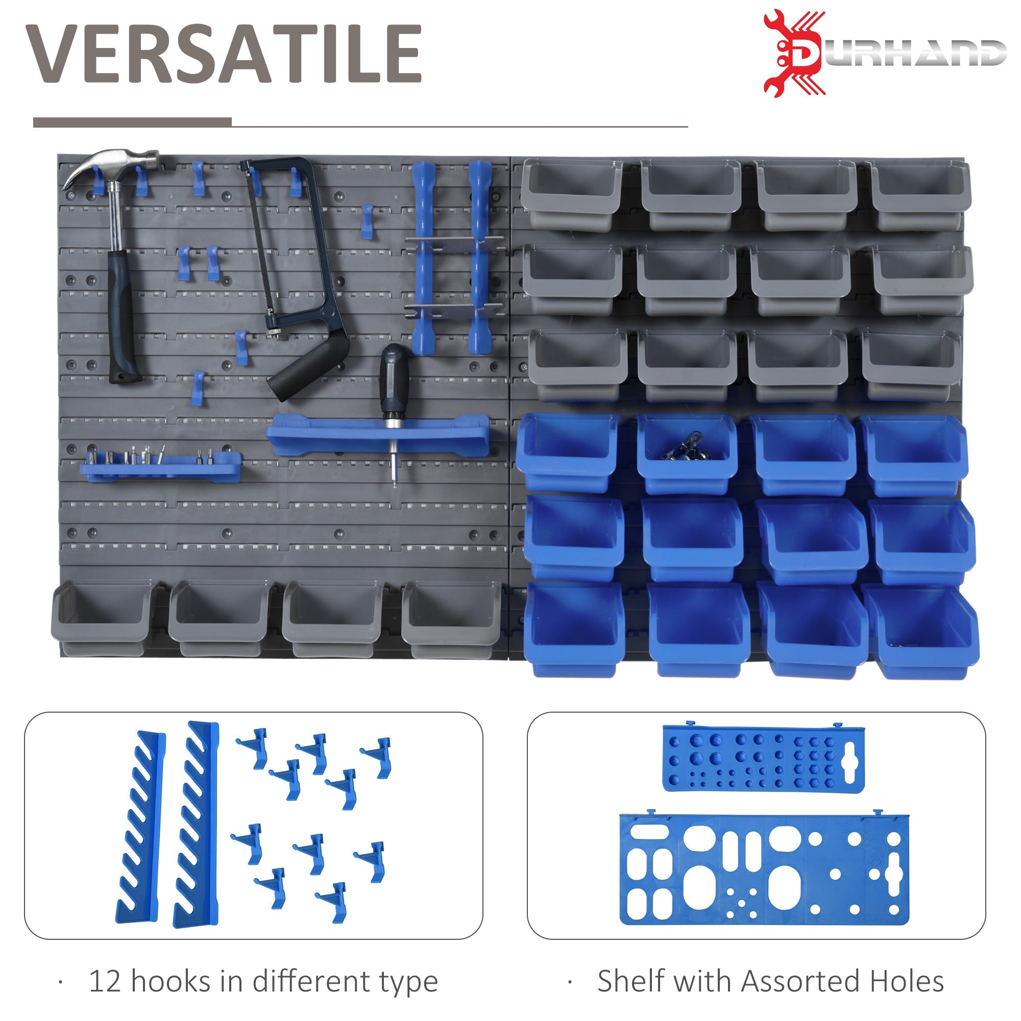 DURHAND Wall Storage System: 44-Bin Pegboard Organizer with Hooks for Garage Tool Storage, Blue 