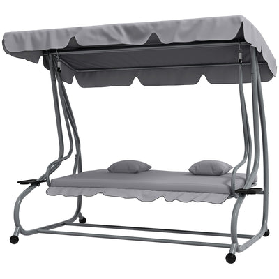 Outsunny Outdoor 3-Seater Patio Swing Chair, Outdoor Swing Seat, with Adjustable Canopy and Two Pillows for Garden, Light Grey 