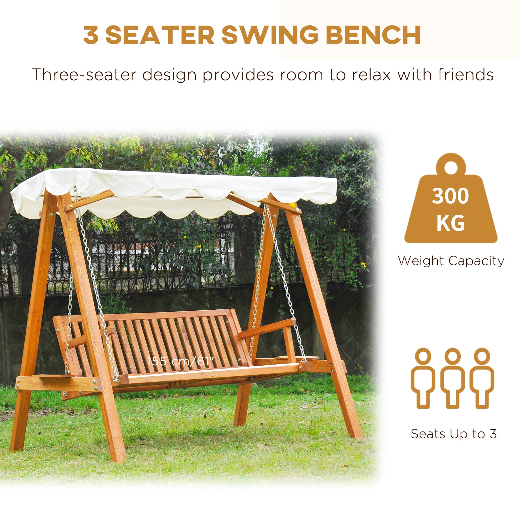 Outsunny 80" Patio Swing Chair with Canopy Outdoor Wooden Swing Bench Hammock for Garden, Poolside, Backyard 