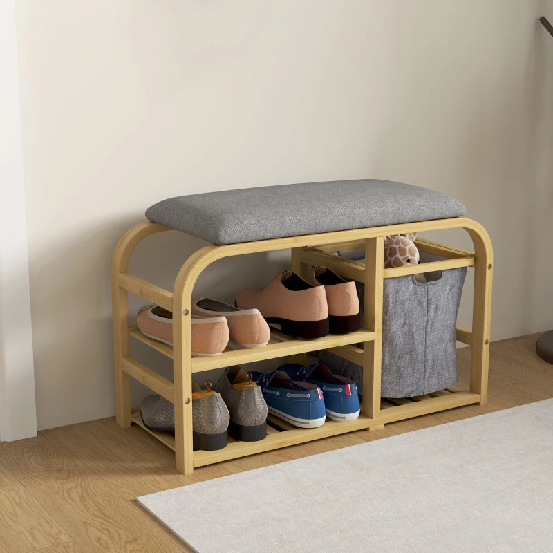 Bamboo Entryway Bench, Shoe Storage Bench with Cushion, Slat Shelves, Pull-Out Basket for Hallway, Entryway, Nature Wood