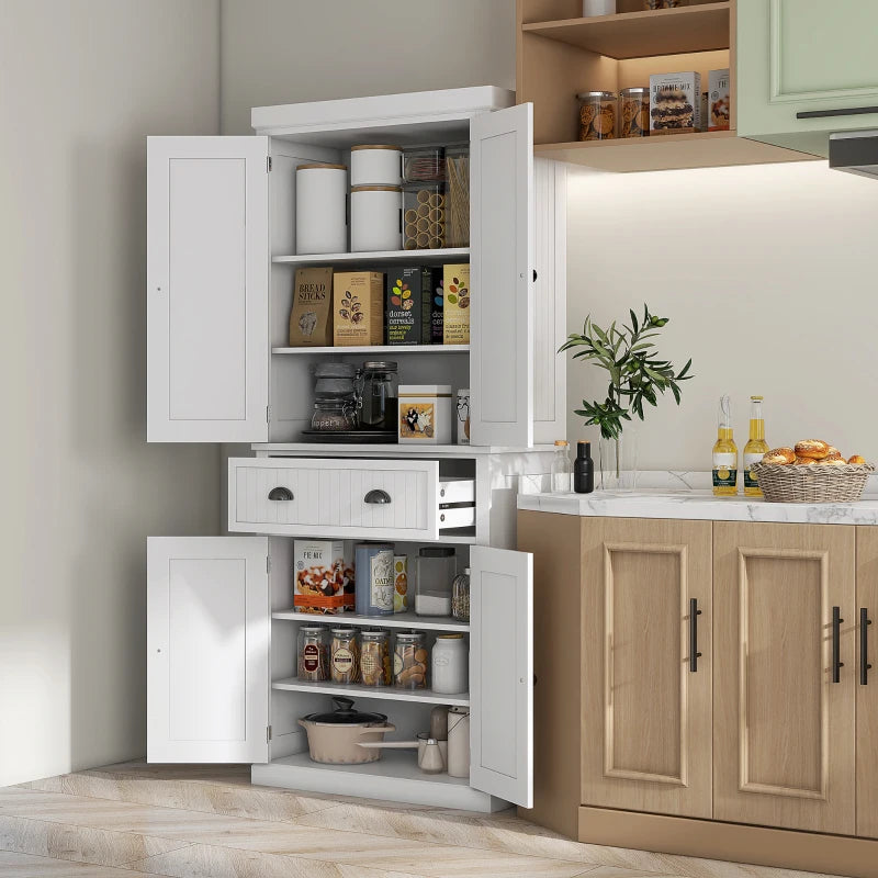 72" Kitchen Pantry, Freestanding Storage Cabinet with Adjustable Shelves, Drawer, Doors, Anti-tip Design, White