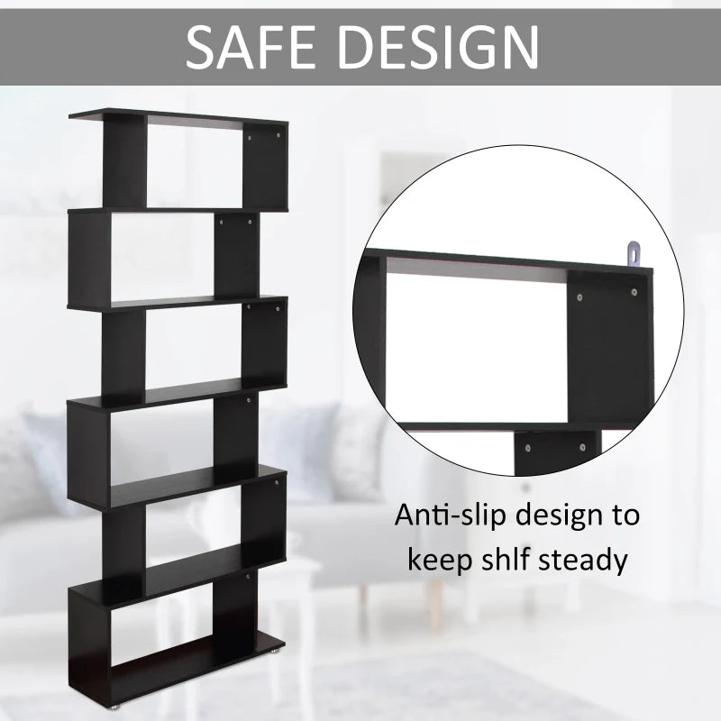 Wooden S Shape Bookcase 6 Shelves Storage Display Home Office Furniture
