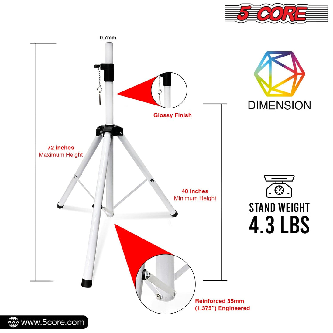 5Core Speaker Stand Tripod Tall Adjustable 72 Inch DJ Studio Monitor Stands Pole Mount WHITE