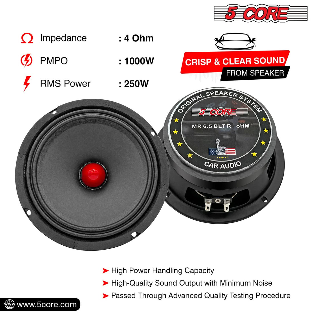 5 Core 6.5 Inch Midrange Door Speaker + Tweeter Combo 580W PMPO Subwoofer 300W PMPO Tweeters