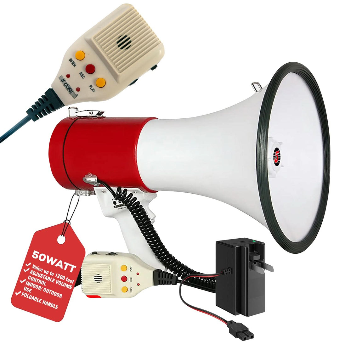 5Core Megaphone Bullhorn Speaker 50W Bull Horn Rechargeable Cheer Megafono 1200Ft