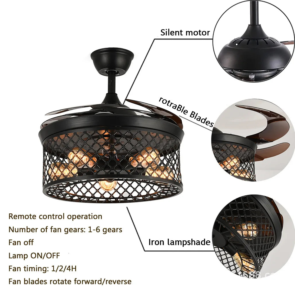 New Black Invisible Fan Lamp - Mute Creative Ceiling Fan Light for Living Room and Bedroom 