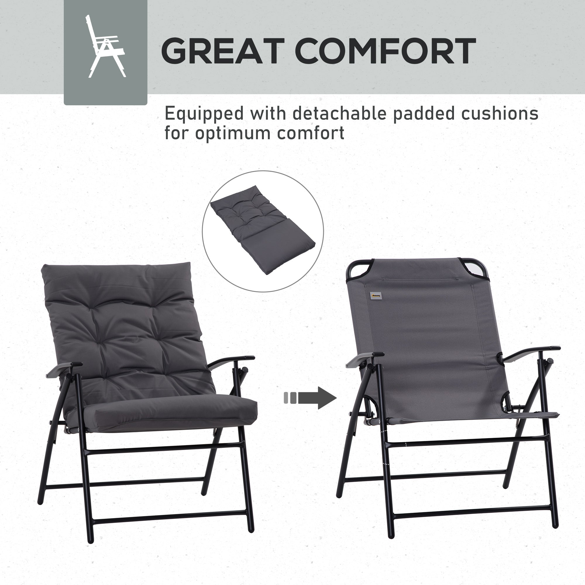 Outsunny Padded Folding Chair Set of 2 with Adjustable Backrest for Outdoor Camping Grey 