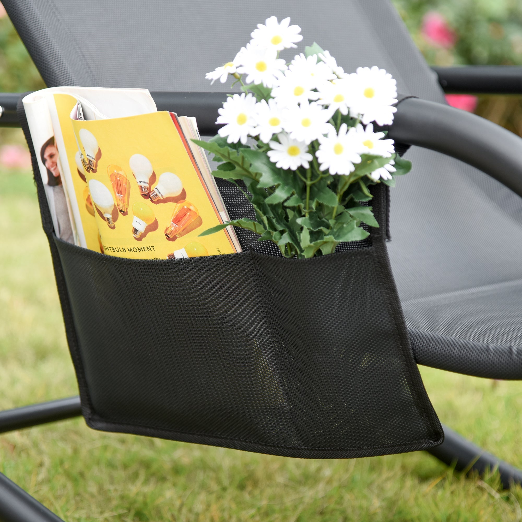 Outsunny Outdoor Rocking Recliner Sling Sun Lounger with Removable Headrest and Side Pocket for Garden Patio Deck Black 
