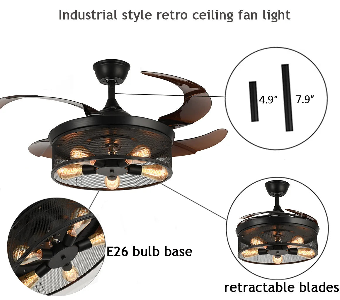 American Creative Design Silent Ceiling Fan Lamp – Strong Wind, Industrial Retro Style, for Living Room, Bedroom, Dining Room 