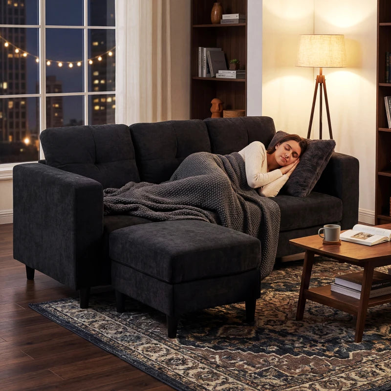 Sectional Sofa, L Shaped Corner Sofa with Changeable Chaise, High-density Foam Padding Seat, Linen Fabric, Wooden Legs, Black