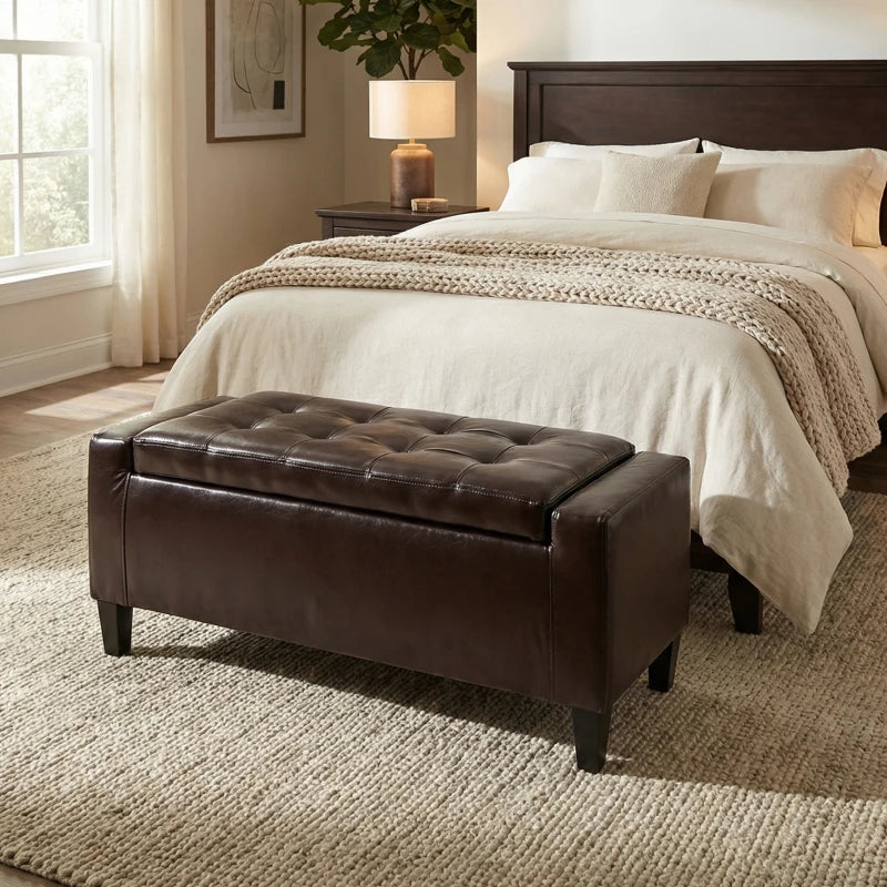 Storage Ottoman Bench, PU Leather Upholstered Bench with Tufted Design, Brown