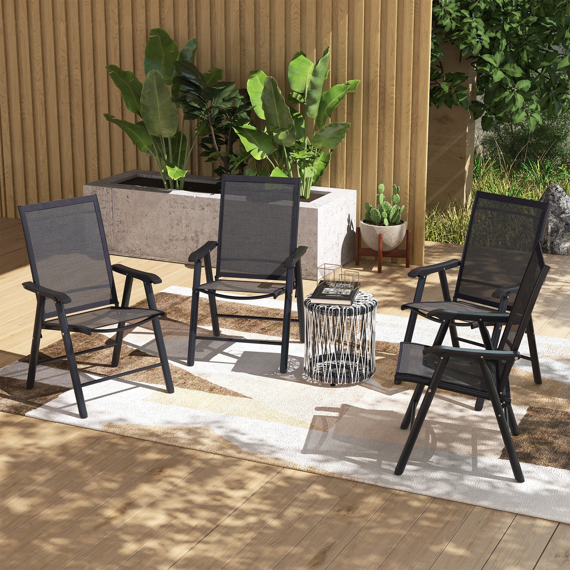 Outsunny 4-Piece Folding Chair Set for Relaxing on Patio Balcony Garden, Comfortable Outdoor Furniture with Armrests, Black 