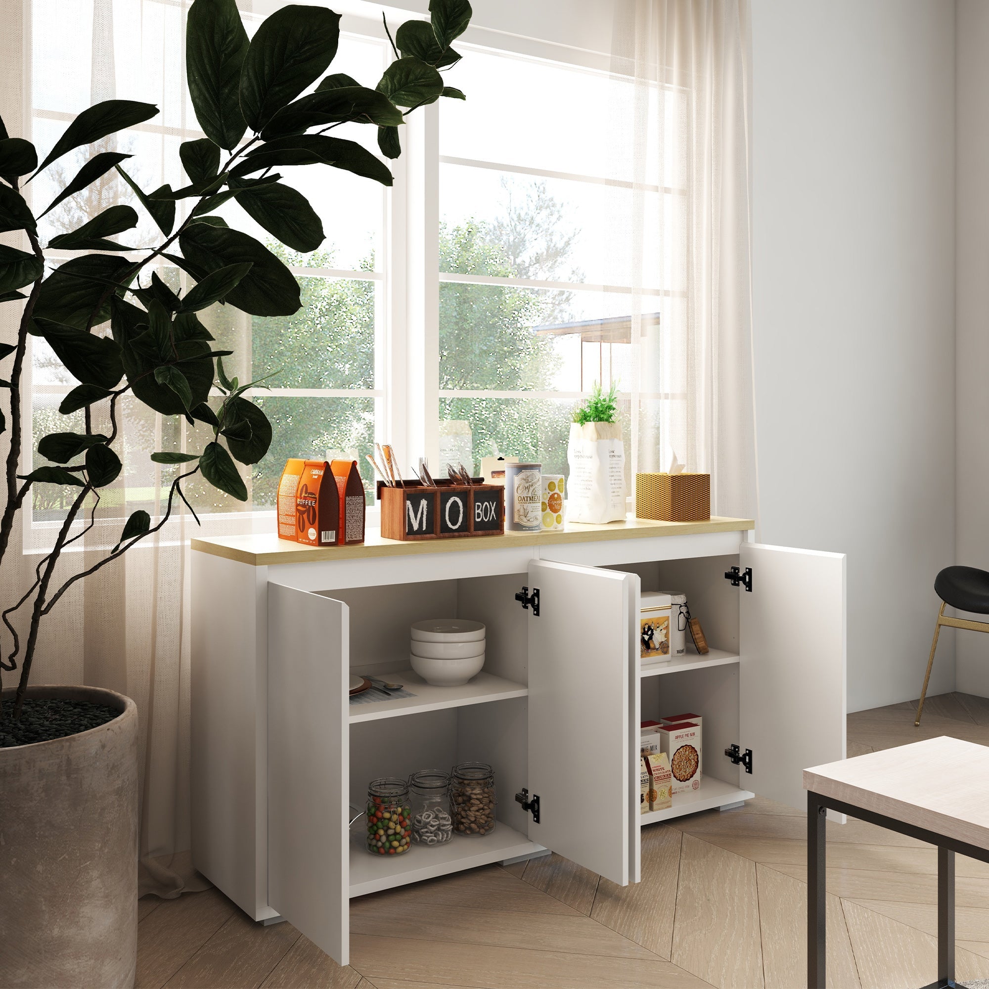 HOMCOM Adjustable White Buffet Cabinet: Sideboard with Double Door Cupboards for Customizable Living Room Storage 