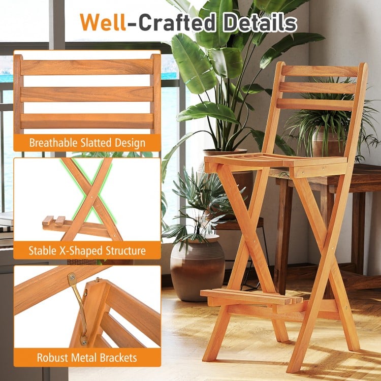 Acacia Wood Bar Height Chair with Backrest and Footrest for Backyard-Set of 2