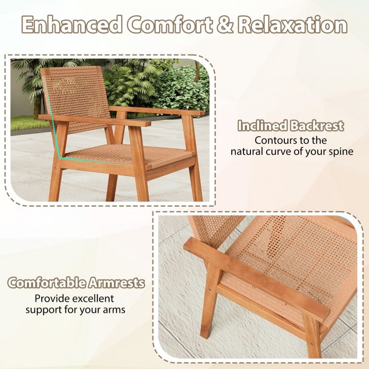Acacia Wood Outdoor Dining Chairs Set of 2 PE Rattan Patio Chairs with Backrests and Armrests