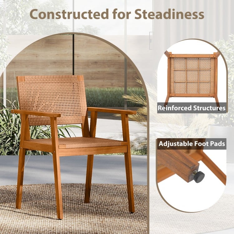 Acacia Wood Outdoor Dining Chairs Set of 2 PE Rattan Patio Chairs with Backrests and Armrests