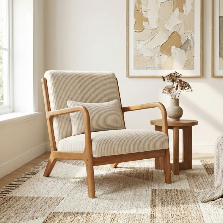 Accent Chair Corduroy Upholstered Lounge Chair with Lumbar Pillow-Beige
