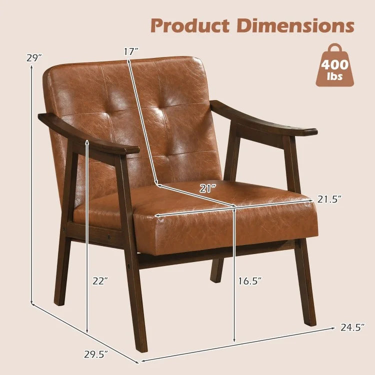 Accent Chair with Inclined Backrest, Tufted Faux Leather Upholstery & Soft Cushion – Walnut/Black