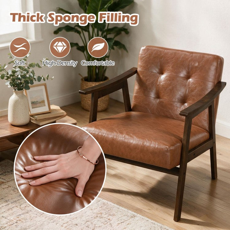 Accent Chair with Inclined Backrest, Tufted Faux Leather Upholstery & Soft Cushion – Walnut/Black